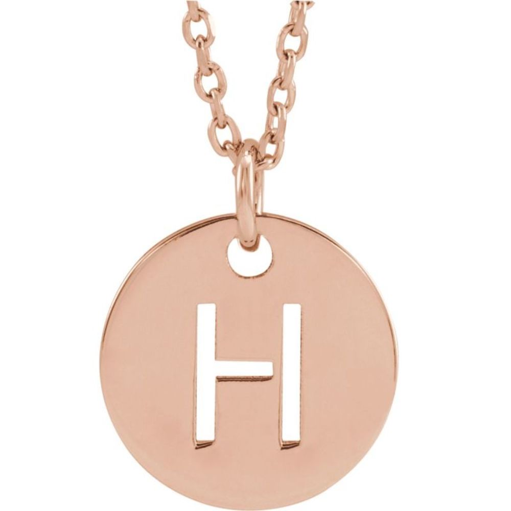 14k Rose Gold Initial H, Small 10mm Pierced Disc Necklace, 16-18 Inch